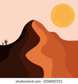 Flat abstract icon, sticker, button with desert, sun, cactuses.	