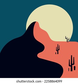 Flat abstract icon, sticker, button with desert, mountains, sun, cactuses.