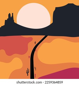 Flat abstract icon, sticker, button with desert, sun, cactuses, mountain and road.