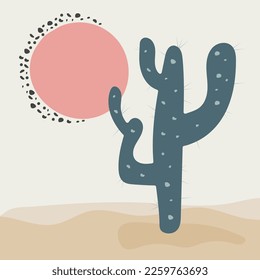 Flat abstract icon, sticker, button with desert, sun, cactuses.	