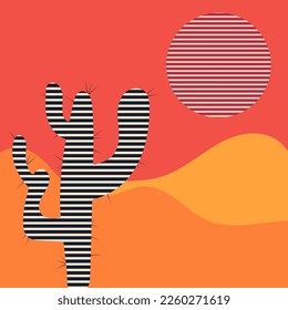 Flat abstract icon, sticker, button with desert, sun, cactus with psychedelic line effect