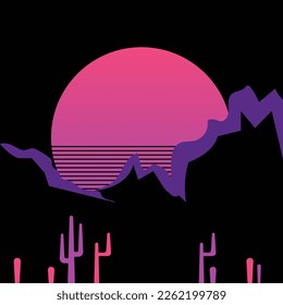 Flat abstract icon, sticker, button with silhouette of mountains, sun, cactuses in neon purple pink colors