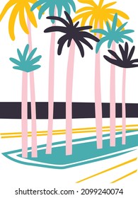 Flat abstract landscape vector. Beach holidays. Palm trees and ocean poster wall. Bright summer colors. Sea season. Simple illustration in cartoon style of summer mood. Travel time.