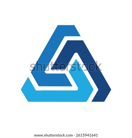 A flat abstract logo of a triangle shape consists of three connected segments in blue