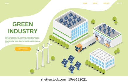 Flat abstract metaphor cartoon vector illustration concept. Smart grid technology with renewable energy. Wind electricity generators and solar panels connected to green factory and electric truck, car