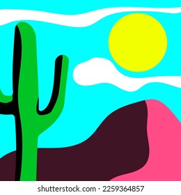 Flat abstract neon icon, sticker, button with sun, cactus.	