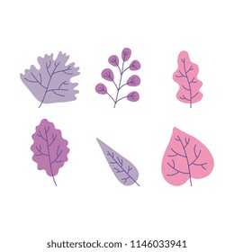 Flat abstract oak maple leaves set. Floral elements for summer, spring design. Hand drawn plants for decoration. Vector isolated illustration.