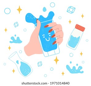 Flat abstract outline cartoon vector concept. Simple art isolated on white background. Drink more water. Plastic free, zero waste. Glass only. Various bottles, glass, flusk. Hand drawn cute trendy.