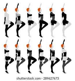 flat abstract redhead girl in different clothes and underclothes