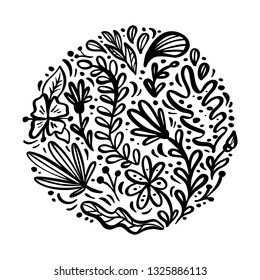 Flat abstract round black flower herb bouquet. Vector garden summer flora, wedding invitation card decoration elements. floral Illustration isolated on white background
