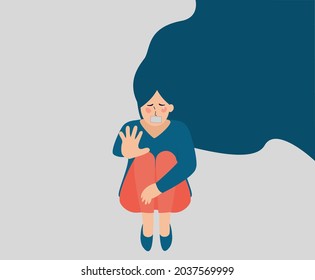 Flat abused woman character. Stop bullying women banner. Depressed teenager prevent against school Abuse. Stop domestic and gender violence. Concept of inequality, awareness and women's rights. Vector