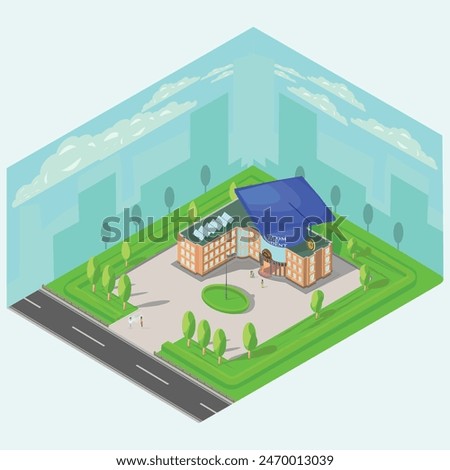   flat academic student characters walking on road in green park or garden near university campus building, summer  background\University building landscape, walking students. education institution