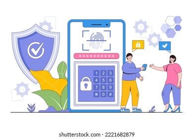 Flat access control system with people characters concept. Outline design style minimal vector illustration for landing page, web banner, infographics, hero images.