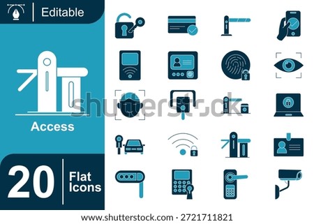 Flat access icon set illustrating security, authentication, identification, and control systems. Clean flat style with modern shapes, simple details, and editable vector design for UI, apps, and web interfaces.