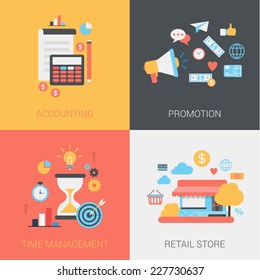 Flat accounting, promotion, time management and retail store concept. Document, calculator, coins, pencil, loudspeaker. Vector icon banner template set. Web illustration. Website infographic elements.