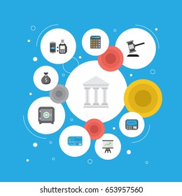 Flat Accounting, Remote Paying, Atm And Other Vector Elements. Set Of Banking Flat Symbols Also Includes Courthouse, Payment, Arrow Objects.