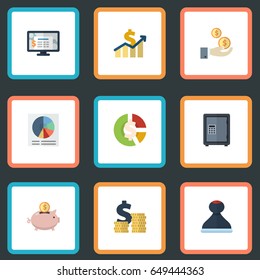 Flat Accounting System, Moneybox, Pie Bar And Other Vector Elements. Set Of Accounting Flat Symbols Also Includes Moneybox, Expenses, Dollar Objects.