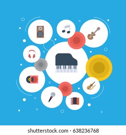 Flat Acoustic, Harmonica, Retro Disc And Other Vector Elements. Set Of Studio Flat Symbols Also Includes Acoustic, Box, Vinyl Objects.