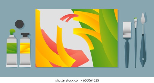 Flat acrylic picture with paint brushes, palette knifes and paints