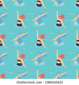 Flat Active Summer Positive Motivate Seamless Pattern. Vector Repeat Illustration Pretty Plus Size Woman Swimming Doing Water Gymnastics in Sea or Pool. Trendy Design Concept for Fashion Textile Print