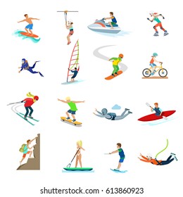 Flat active young people sailing, swimming, diving, riding bike, roller-skates, climbing rock, jumping with parachute vector illustration set. Extreme sports and activity concept.