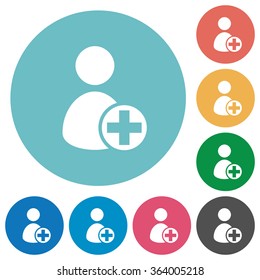 Flat Add new user icon set on round color background.
