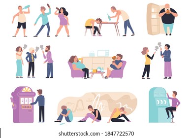 Flat addiction icon set with men and women drink alcohol eat fast food and smoke vector illustration