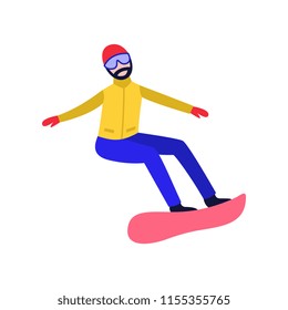 Flat adult man with beard in hat and goggles riding at snowboard, snowboarding outdoors in winter in warm clothing. Male character and leisure extreme activity. Vector illustration.