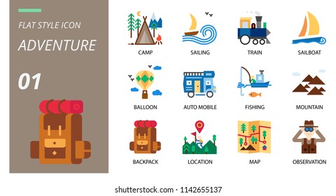 flat adventure icon pack. Icons for adventure, camp, sailing, train, sailing boat, balloon,automobile, mountain, backpack, location, map, observation for websites and mobile websites and apps.