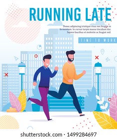Flat Advertising Banner with Smiling Men Hurrying to Work. Running Late. Cartoon Smiling Guys, Office Workers Rushing to Job. Vector Flat City Street with Business Center High Buildings Illustration