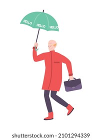 Flat advertising icon with man going with green branded umbrella vector illustration