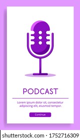 Flat advertising poster with a purple podcast microphone. Stylish vector isolated flat illustration on a white background.