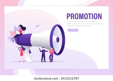 Publicidad plana con gente con megáfono promocional para el diseño de promoción de marketing. Ilustración vectorial plana. Ilustración vectorial.