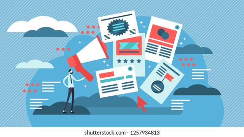 Flat adverts vector illustration. Online offer for business discount campaign, promo or publication. PPC managing or pay per click traffic attraction. Publication message placement on web home page.