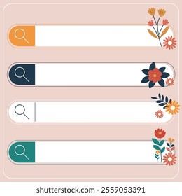 flat aesthetic boho colorful cute flower search bar shape vector set.