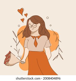 flat aesthetic illustration of a woman getting romantic flowers suitable for wall decoration, ornaments, couple gifts, etc