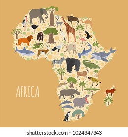 Flat Africa flora and fauna map constructor elements. Animals, birds and sea life isolated on white big set. Build your own geography infographics collection. Vector illustration
