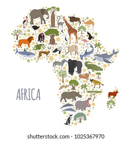 Flat Africa flora and fauna map constructor elements. Animals, birds and sea life isolated on white big set. Build your own geography infographics collection. Vector illustration
