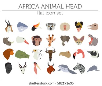 Flat Africa flora and fauna map constructor elements. Animals, birds and sea life isolated on white big set. Build your own geography infographics collection. Vector illustration