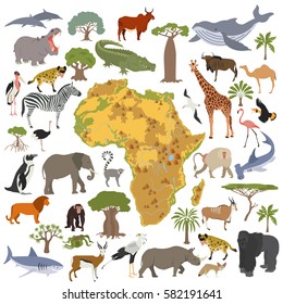 Flat Africa Flora and Fauna Map Konstruktor Elemente. Tiere, Vögel und Meerestiere einzeln auf weißem, großem Set. Erstellen Sie Ihre eigene geographische Infografik-Sammlung. Vektorgrafik