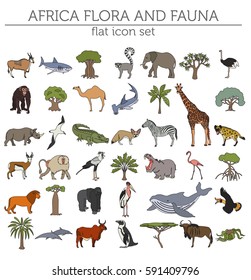 Flat Africa flora and fauna map constructor elements. Animals, birds and sea life isolated on white big set. Build your own geography infographics collection. Vector illustration