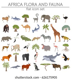 Flat Africa flora and fauna map constructor elements. Animals, birds and sea life isolated on white big set. Build your own geography infographics collection. Vector illustration