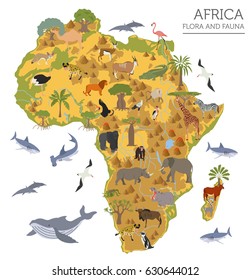 Flat Africa flora and fauna map constructor elements. Animals, birds and sea life isolated on white big set. Build your own geography infographics collection. Vector illustration