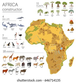 Elementos constructores de mapas de fauna y flora de África plana. Animales, pájaros y vida marina aislados en grandes grupos blancos. Construya su propia colección de infografías geográficas. Ilustración del vector