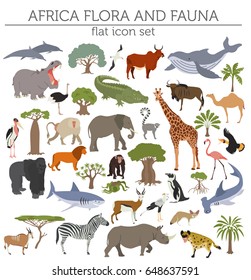 Flat Africa flora and fauna map constructor elements. Animals, birds and sea life isolated on white big set. Build your own geography infographics collection. Vector illustration