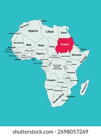 Mapa plano de África con Sudán resaltado en rojo para viajes, estudios y uso educativo.