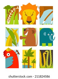 Flat African Animals Symbols Set. Giraffe lion elephant toucan gazelle palm. Vector illustration EPS8