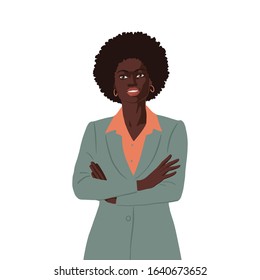 Flat african business woman. Realistic portrait of modern and free lady boss. Sketching feminist illustration on white background.