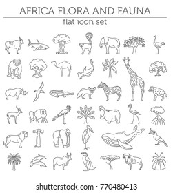 Flat African flora and fauna  elements. Animals, birds and sea life simple line icon set. Vector illustration