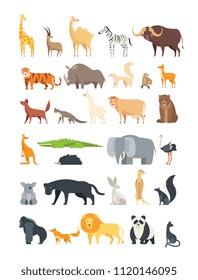 Flat african, jungle and forest animals. Cute mammals and reptiles. Wild fauna vector set isolated. Elephant and lion, giraffe and fox, zebra and bear illustration